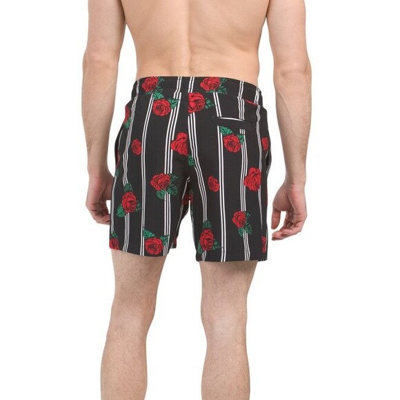 Surf Society mens Swim Trunk size Medium Black Stripe Roses Swim Short 7" inseam - Picture 2 of 9